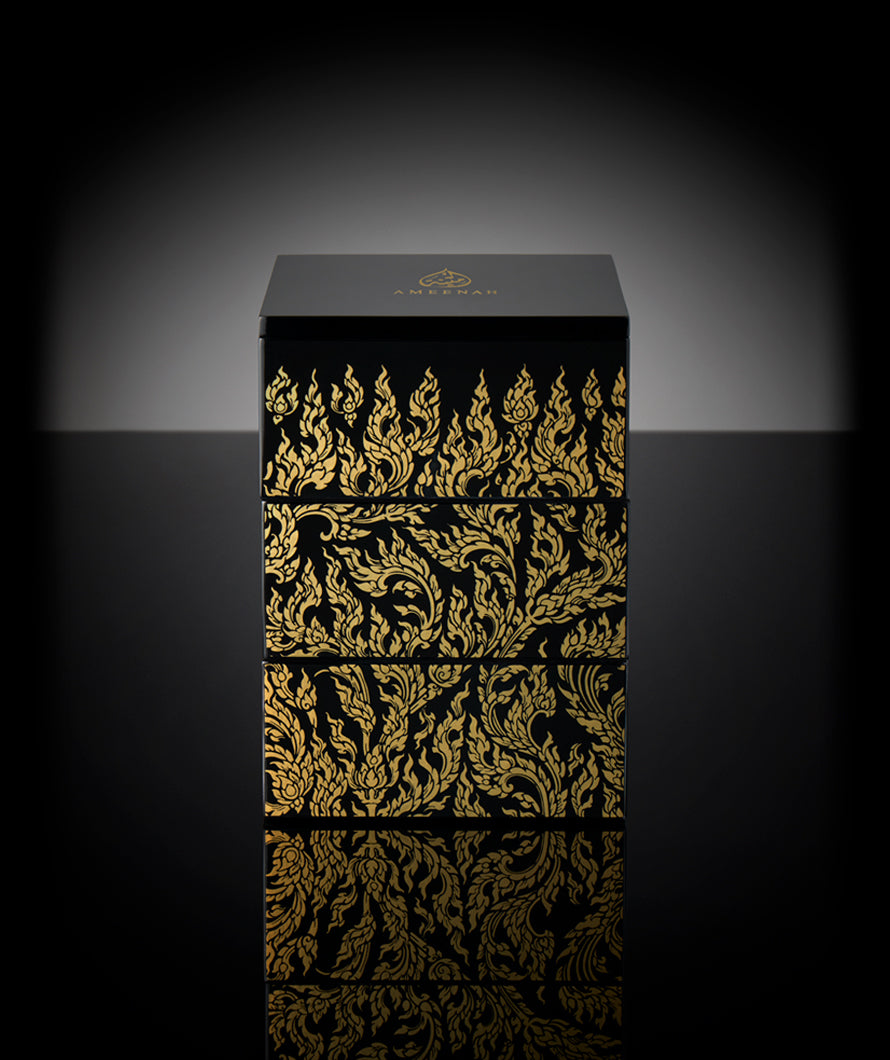 Black and gold Royal Gift Set by Ameenah featuring a 3-level design for perfumes, oud oils, and agarwood incense.