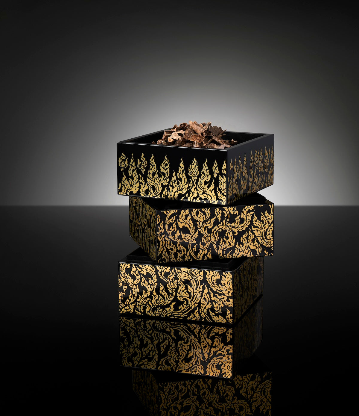 Black and gold Royal Gift Set by Ameenah featuring a 3-level design for perfumes, oud oils, and agarwood incense.